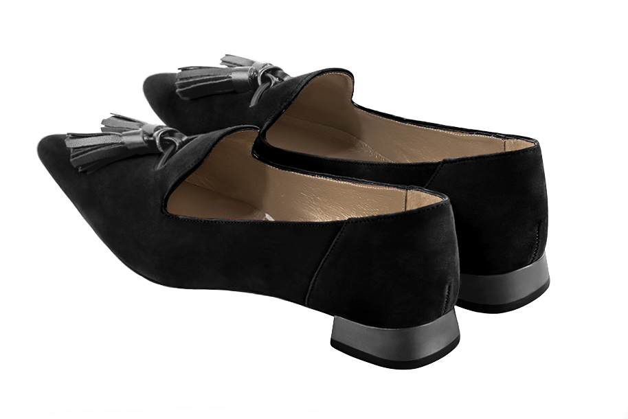 Matt black and dark silver women's loafers with pompons. Pointed toe. Flat flare heels. Rear view - Florence KOOIJMAN